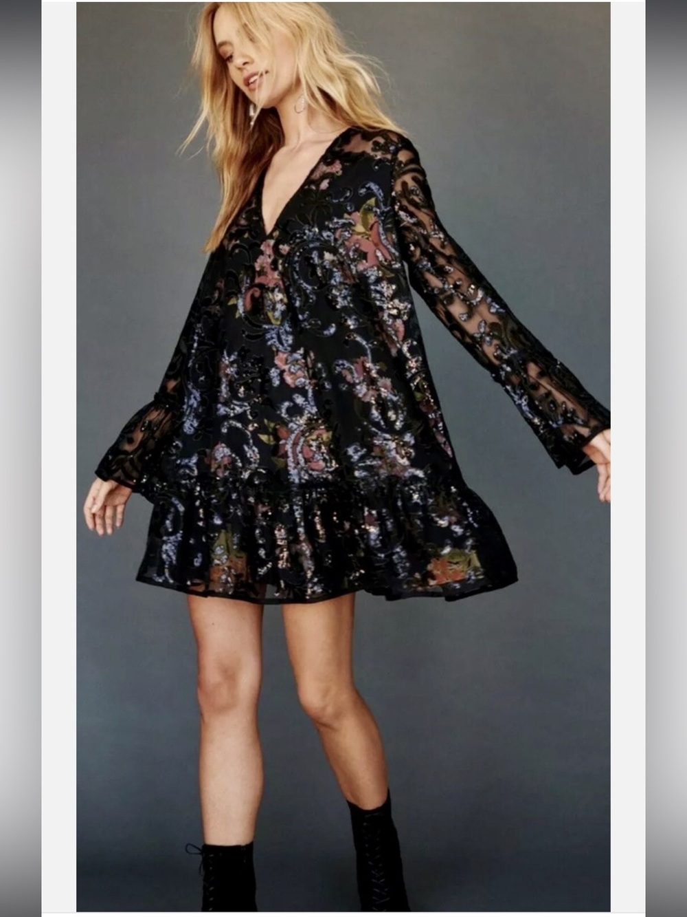 Free People Black Floral Sequin Babydoll Mini Dress